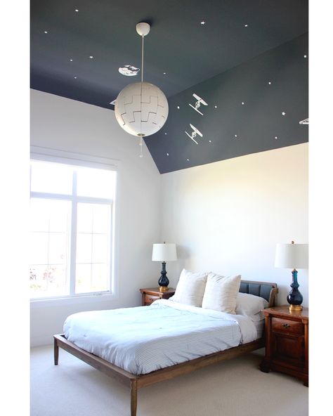 Star Wars Accent Wall, Star Wars Inspired Nursery, Navy Bedroom Ceiling, Navy Ceiling White Walls, Hale Navy Ceiling, Star Wars Guest Bedroom, Star Wars Inspired Bedroom, Navy Ceiling Bedroom, Star Wars Teenage Bedroom