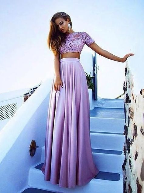 Lilac Prom Dresses, Inexpensive Prom Dresses, Two Piece Dresses, Evening Fashion, Purple Prom, Designer Party Dresses, Prom Dresses 2017, Lace Short Sleeve Top, Purple Prom Dress