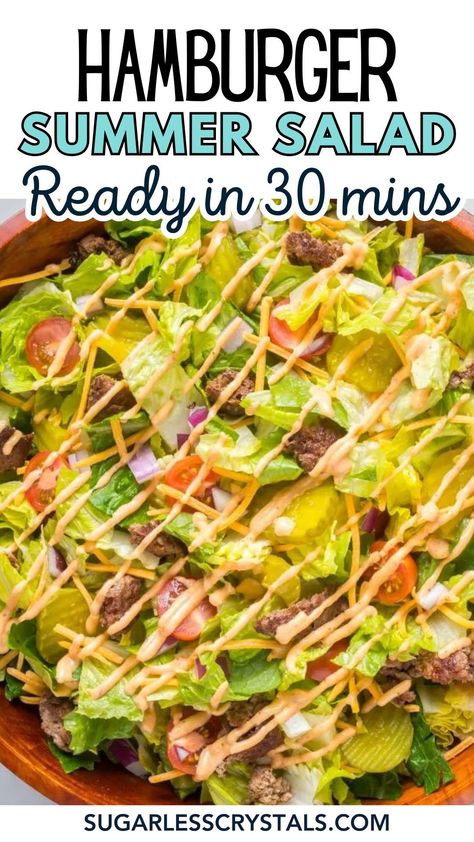 Looking for a healthy, refreshing, and mouthwatering meal that's ready in under 30 minutes? This Hamburger Salad is the answer to your summer salad cravings! Packed with protein and bursting with flavor, you'll be craving more every time. Perfect for BBQ sides or light lunches, this recipe is guaranteed to be a summer staple. Summer Hamburger Recipes, Hamburger Salad Recipes, Healthy Bbq Side Dishes, Hamburger Salad, Gf Salads, Bbq Side Dish Recipes, Summer Lunch Recipes, Perfect Hamburger, Quick Dinner Options