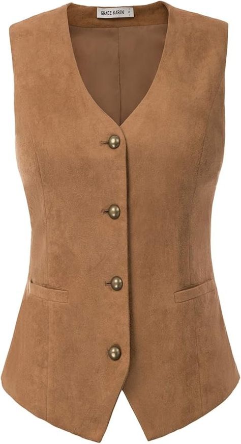 GRACE KARIN Women's Casual Versatile 4 Button Tuxedo Suit Waistcoat Vest(M, Khaki) at Amazon Women’s Clothing store Girls Tennis Dress, Khaki Vest, Womens Waistcoat, Suit Tuxedo, Faux Suede Vest, Steampunk Dress, Vintage Steampunk, Jacquard Jacket, Brown Vest