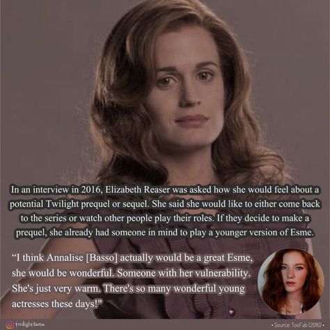 ~ For those who need to translate the post: In an interview in 2016, Elizabeth Reaser was asked how she would feel about a potential… | Instagram Annalise Basso, Esme Cullen, Twilight Facts, Elizabeth Reaser, Young Actresses, She Said, Other People, Interview, Wonder