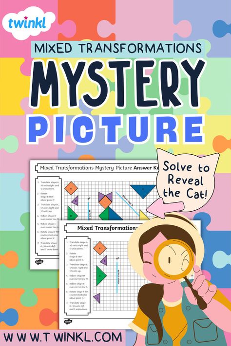 Twinkl's Mixed Transformations Mystery Picture Math Activity is perfect for your middle school math classroom! Students will rotate, reflect, and translate shapes across the graph to reveal a mystery picture - a cat! This would be great for National Cat Day or a review on transformations. An answer key is included. Translation Math, Picture Cat, Math Mystery Picture, Middle School Math Classroom, National Cat Day, Algebraic Thinking, Cat Activity, Mystery Pictures, Math Activity