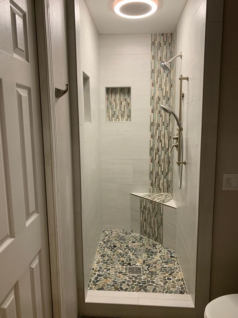 Waterfall In Shower Tile, Bathroom Waterfall Tile Design, Showers With Waterfall Tile, Shower Waterfall Tile Ideas, Waterfall Tile Shower Design Accent Wall, Waterfall Tile Shower Design, Waterfall Tile, Florida Bathroom, Shower Accent Tile