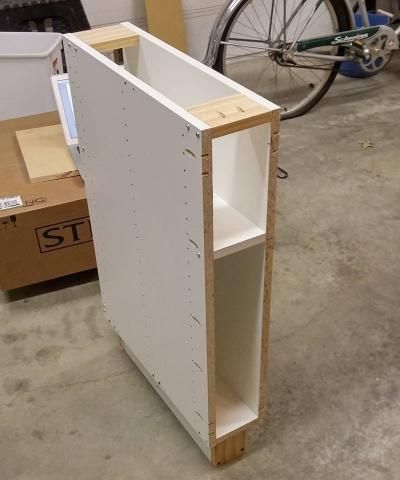 IKEA Hack 6" Tray Cabinet 6” Base Cabinet, Tray Cabinet Kitchen, Kitchen Cabinet Filler Ideas, Filler Cabinet Ideas, Diy Narrow Cabinet, 12 Inch Cabinet Ideas, 9 Inch Cabinet Ideas, Laundry Ikea, Ikea Hacks Kitchen