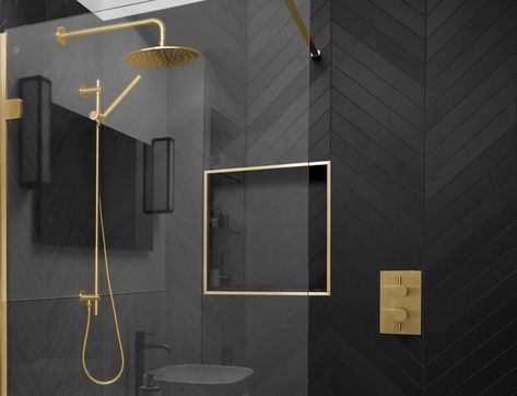 Vogues Williams New TileStyle Bathroom in Heavenly Howth Home Tiles Behind Bath, Chevron Tile Bathroom, Black Bathroom Design, Shaped Tiles, Black Tile Bathrooms, Bungalow Bathroom, Ventura Design, Black And Gold Bathroom, Colorado House