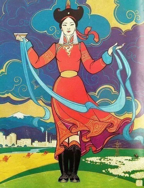 Mongolian Queen Art, Traditional Poster Design, Queen Art Drawing, Mongolian Queen, Mongolia Art, Mongolian Art, Traditional Poster, Dancer Drawing, Dog Portraits Art