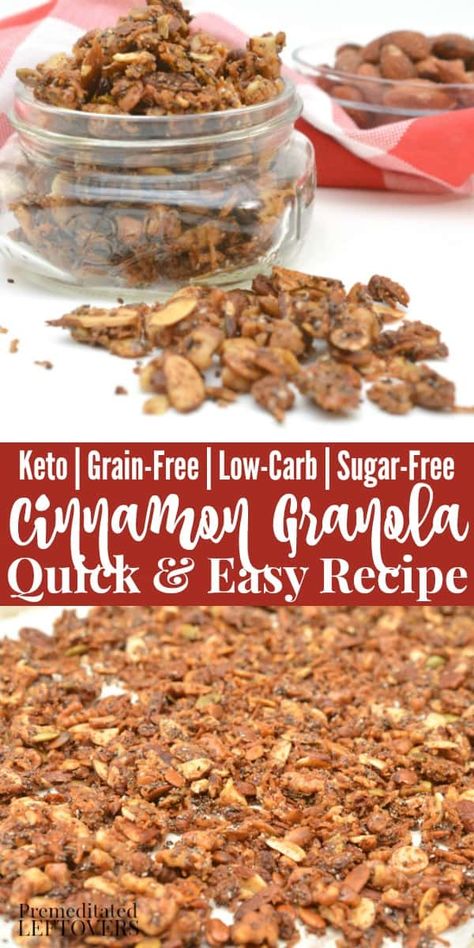 Gluten-Free Cinnamon Granola Recipe is a quick and easy breakfast recipe. It is also a grain-free, sugar-free, low-carb, keto breakfast recipe idea. It includes substitutions to make it dairy-free as well. Cinnamon Granola Recipe, Gluten Free Granola Recipe, Sugar Free Granola, Low Carb Granola, Cinnamon Granola, Keto Granola, Easy Breakfast Recipe, Gluten Free Granola, Grain Free Granola