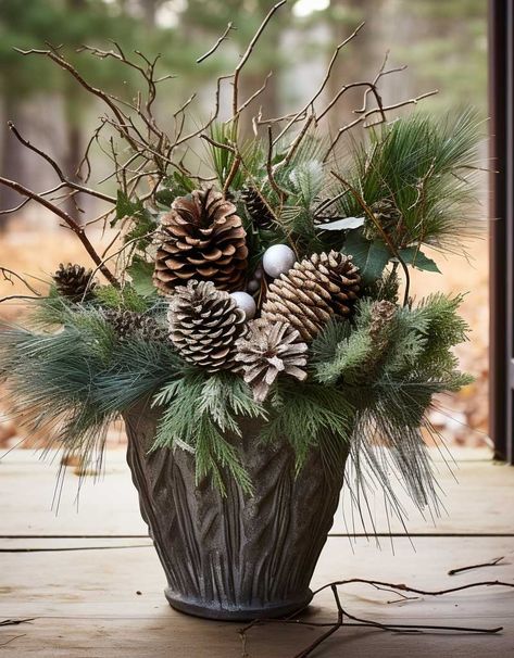 How To Make A Winter Planter, Evergreen Arrangements Outdoor, Winter Urn Planter Ideas, Winter Plant Pot Ideas, Fall Winter Flower Arrangements, Winter Greenery Outdoor Pots, Outdoor Winter Pots Decorating Ideas, Fall Winter Porch Decor, Holiday Pots Outdoor