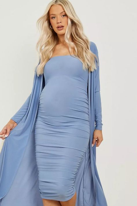 Maternity Square Neck Ruched Duster Dress Set | Boohoo.com (US & CA) Blue Baby Shower Dress Casual, Blue Maternity Dress For Baby Shower Fall, Maternity Blue Dress, Baby Shower Dress Boy, Light Blue Baby Shower Dress, Boy Baby Shower Dress For Mom, Baby Shower Dress Blue, Boy Baby Shower Dress, Maternity Dresses For Wedding Guest