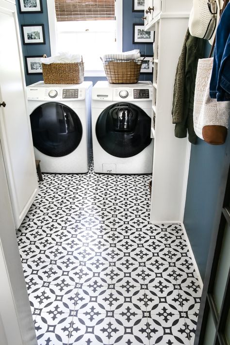 DIY Moroccan Vinyl Tile Floor - Bless'er House Modern Farmhouse Laundry Room, Floor Makeover, Laundry Room Flooring, Peel And Stick Floor, Farmhouse Laundry, Farmhouse Laundry Room, Vinyl Tile Flooring, Small Laundry Room, Vinyl Floor