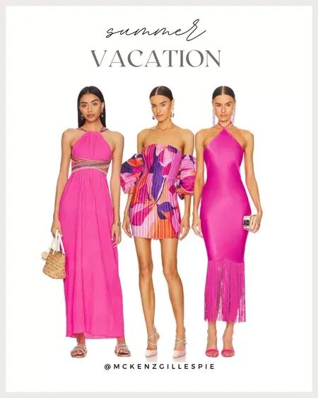 What to wear on your summer vacation. Resort vacay coming up? Look no further. These beautiful pink options are perfect for your summer vacation. These dresses would also be perfect to wear as a wedding guest dress. Vacation Wedding Guest Dress, Vacation Outfits Summer 2023, Vacation Wedding, Date Night Outfit Summer, Summer Vacation Outfits, Sandals Outfit, Halter Maxi Dress, Halter Maxi, Guest Dress