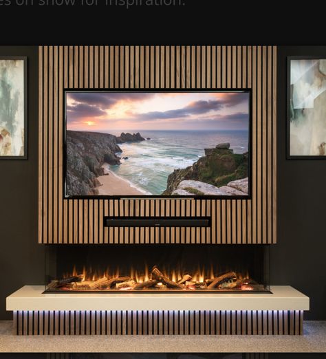 Built In Wall Electric Fireplace, Modern Tv Room With Fireplace, Media Wall Fireplace Modern, Fireplace Insert Tv Wall, Tv Media Wall Panelling, Fireplace Paneling Wall Living Room, Led Media Wall, Living Room Media Wall Ideas With Fireplace, Media Wall With Electric Fire