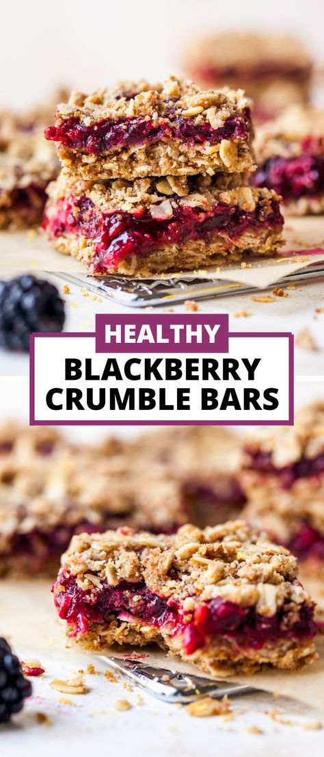 Healthy Blackberry Crumble Bars made with whole grains and lightly sweetened with coconut sugar and maple syrup. These easy homemade bars are a nutritious option for breakfast on-the-go or an afternoon snack. #healthysnacks #blackberryrecipes #blackberrybars #blackberrycrumble #healthybreakfast #mealprepbreakfast #snackideashealthy via @https://www.pinterest.com/jamievespa/ Blackberry Jam Oatmeal Bars, Blackberry Protein Recipes, Blackberry Oatmeal Bars, Blackberry Oat Bars, Blackberry Crumble Bars, Paleo Blackberry Recipes, Blackberry Dessert Recipes Healthy, Light Desserts Recipes Easy Healthy, Healthy Blackberry Desserts