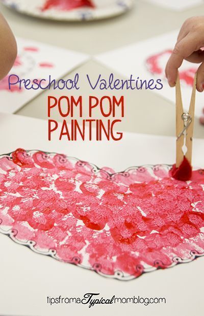 Preschool Valentines Pom Pom Painting Pom Pom Painting, February Crafts, Valentinstag Party, Valentine's Day Crafts For Kids, Preschool Valentines, February Valentines, Valentine Activities, Valentine Crafts For Kids, Valentine Projects