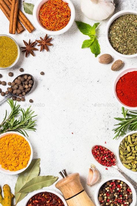 Herbs And Spices Photography, Spices Ads, Spices Stickers, Fries Business, Spice Background, Spices Design, White Stone Table, Herb Photography, Spice Image