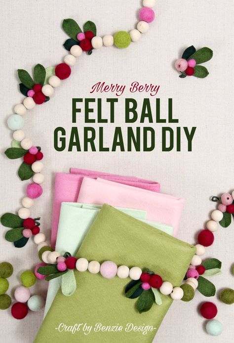 Felt ball garlands are so easy to make -and a great way to add cheer to any holiday! In this specific garland we mix in some berry sprigs and wood beads (20mm) to make a festive christmas garland.  Let's get started on the cranberry sprigs -first grab your supplies:-Wool felt in Evergreen, Meadow and Pistachio (also av Felt Garlands Christmas, Wool Garland Diy, Easy Felt Garland Diy, Felt Ball Christmas Garland, Felted Wool Garland, Sewing Christmas Garland, Winter Felt Garland, Pompom Garland Diy, Christmas Garland Ideas Diy