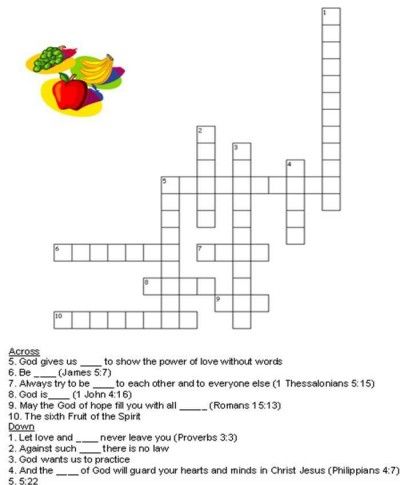 Kids Bible Worksheets-Free, Printable Fruit of the Spirit Crossword Puzzle Bible Activity Sheets, Bible Crossword Puzzles, Sunday School Worksheets, Bible Worksheets, Fruits Of The Spirit, Bible Activities For Kids, Fruits For Kids, Kids Bible, Bible Crafts For Kids