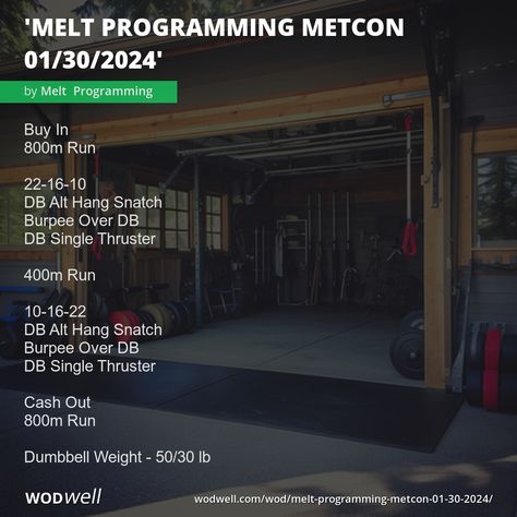 "Melt Programming MetCon 01/30/2024" Workout, | WODwell - Buy In; 800m Run; 22-16-10; DB Alt Hang Snatch; Burpee Over DB; DB Single Thruster; 400m Run; 10-16-22; DB Alt Hang Snatch; Burpee Over DB; DB Single Thruster; Cash Out; 800m Run; Dumbbell Weight - 50/30 lb Hyrox Training, Metcon Workout, 2024 Workout, Crossfit Workouts At Home, Crossfit At Home, Crossfit Wods, Background Story, Crossfit Wod, Conditioning Workouts