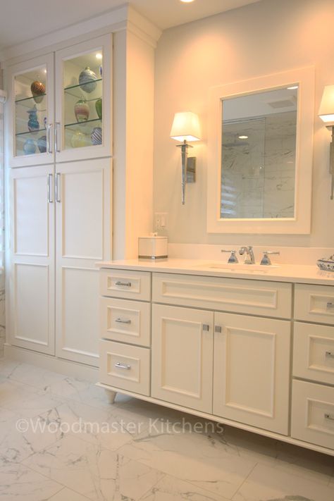 In Cabinet Lighting, Bathroom Vanity With Makeup Area, Built In Bathroom Vanity, Bathroom Vanity With Medicine Cabinet, Sconces Ideas, Vanity With Medicine Cabinet, Bathroom Sink Bowls, Layered Lighting, Tribeca Loft