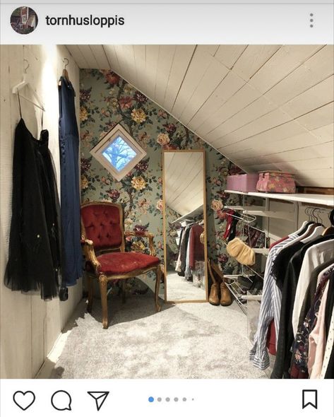 Attic Walk In Closet Slanted Ceiling, Attic Walk In Closet, Slanted Ceiling Closet, Loft Closet, Contrast Background, Attic Ideas, Garage Guest House, Creative Closets, Attic Closet