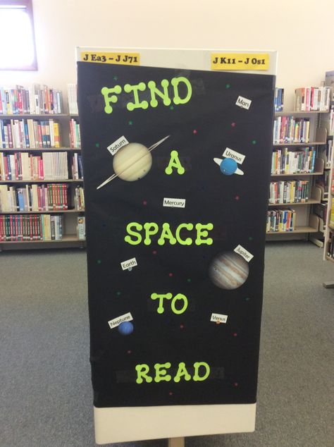 Outer Space Reading Corner, Space Themed Reading Corner, Galaxy Theme Classroom Decor, Classroom Star Theme, Out Of This World School Theme, Space Bulletin Boards Elementary, Space Book Fair Theme, Reading Is Out Of This World, Space School Theme