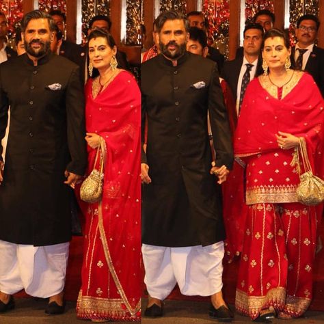 Sunil Shetty with wife Mana Shetty at Isha Ambani's wedding last night #sunilshetty #manashetty #ishaambani #ishaambaniwedding… Mana Shetty, Sunil Shetty, Ambani Wedding, Kurta Designs, Bollywood Fashion, Last Night, Women's Fashion, Saree, Wedding Dress