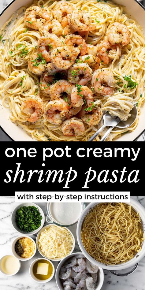 This creamy shrimp pasta recipe comes together in about 30 minutes and is almost a one-pan dinner! The shrimp cooks up perfectly tender in garlic, butter, and herbs and then is served with al dente linguine tossed in a simple white wine cream sauce. This dish is loaded with flavor but easy enough for a busy weeknight! Healthy Mediterranean Dinner, Mediterranean Baked Cod, Shrimp Linguine Recipe, Garlic Shrimp Pasta Recipes, Creamy Seafood Pasta, White Wine Pasta Sauce, Easy Shrimp Pasta, Garlic Butter Shrimp Pasta, White Wine Cream Sauce