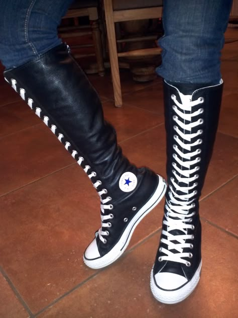 Punk High-top Boots, Emo High-top Boots For Fall, Emo High-top Boots For Streetwear, High-top Emo Boots For Streetwear, Converse Xxhi, Long Converse, Converse Shoes High Top, Knee High Converse Emo, Knee High Sneakers