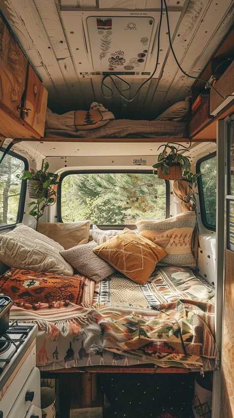 boho van aesthetic mood Nature Boho Aesthetic, Green Van Interior, Boho Van Interior, Bohemian Campervan, Hippie Van Aesthetic, Trailer Lighting Ideas, Small Van Life, Boho Van Life, Vanlife Aesthetic