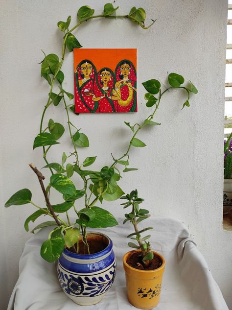 Money Plant Decor Indian, Ajwain Plant, Money Plant Decor, University Rooms, Jamini Roy, Balcony Makeover, Plant Home Decor, Indian Room, Indian Room Decor