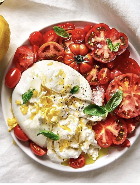 Tomatoes And Burrata, Tomato And Burrata, Lemon Zest Recipes, Burrata Salad, Heirloom Tomatoes, Food 52, Summer Heat, Lemon Zest, Delicious Salads