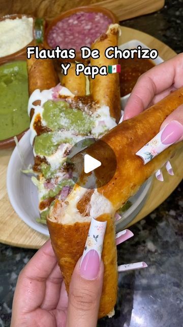 @perla.cee on Instagram: "Flautas De Chorizo Y Papa😋  Ingredients used for flautas: Chorizo Potatoes Monterey Jack Cheese  Ingredients used for Pickled Onions: Red Onion Salt Pepper Lime (For best consistency refrigerate for 6 hours)🫶  Tortillas used @guerrerotortillas" Chorizo And Potatoes Tacos, Chorizo And Potato Tacos, Pickled Onions Red, Chorizo Quesadilla, Potato Flautas, Chorizo And Potatoes, Chorizo Recipes Dinner, Chorizo Potatoes, Flautas Recipe