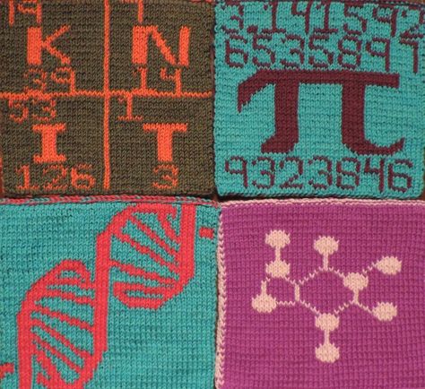 2014 Geek-A-Long: week 29 DNA | DNA, Pi, Caffeine Molecule, and chemistry knitting patterns with color chart; double sided knitting Science Knitting Patterns, Intarsia Knitting Charts, Duplicate Stitch, Knitting Squares, Caffeine Molecule, Intarsia Knitting, Math And Science, Fair Isle Knitting Patterns, The Periodic Table