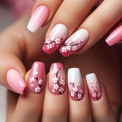 Cherry Blossom Nail Art Design, Nail Art Designs Cherry Blossoms, Sakura Flower Nail Art, Spring Nails Cherry Blossom, Nail Cherry Blossom, Cherry Blossoms Nail Art, Blue Cherry Blossom Nails, Cherry Blossom Nails Short, Sakura Nail Art Cherry Blossoms