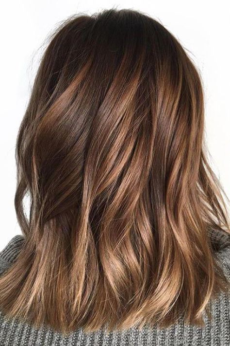 For those who just want a low maintenance, not-too-noticeable change to their classic chocolate brown, these honey-tinged tresses will do the job. Ribbons of randomly placed honey balayage highlights add just the right amount of shine and reflection. #hairhighlights Hair Color Ideas For Brunettes Balayage, Brunette Balayage Hair, Caramel Highlights, Brown Hair Balayage, Balayage Brunette, Brown Blonde Hair, Ombre Hair Color, Hair Color Balayage, Balayage Highlights