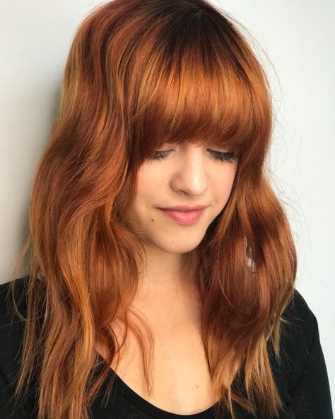 Red Layered Hair With Bangs, Long Auburn Hair With Bangs, Heavy Bangs Long Hair, Red Hair With Fringe, Copper Hair With Bangs, Copper Shag, 16 Hairstyles, Shag Hairstyle, Heavy Bangs