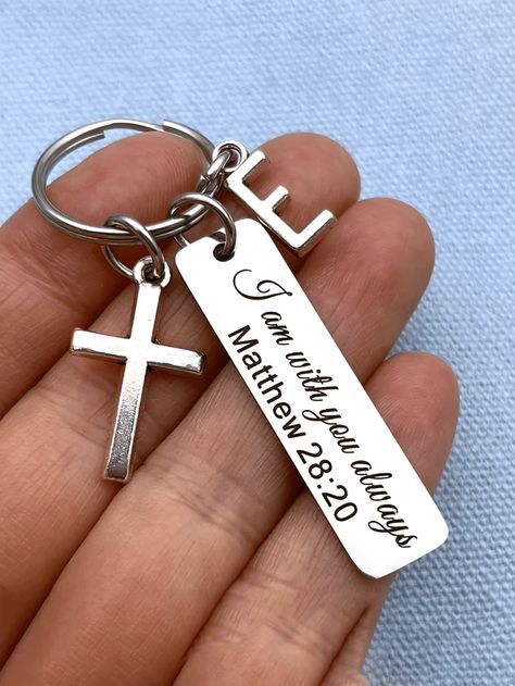 Scripture Gifts, Christian Keychain, Cross Keychain, Scripture Gift, Bible Verse Gifts, Metal Stamped Jewelry, Engraved Keychain, L Alphabet, Blue Gift