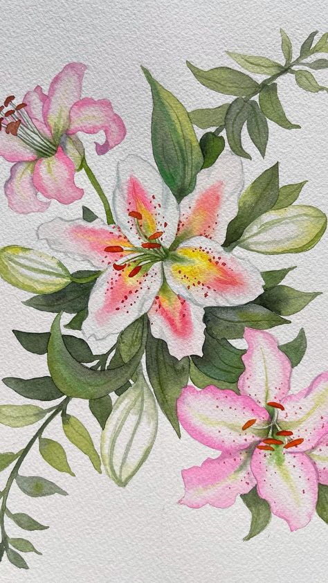 Lillys Flowers Drawing, Lily Flower Doodle, Flower Painting With Watercolors, Lilies Flower Drawing, One Flower Painting, Flower Sketchbook Cover, Lily Flower Watercolor Painting, Lilies Watercolor Painting, Drawing Lillies Flowers