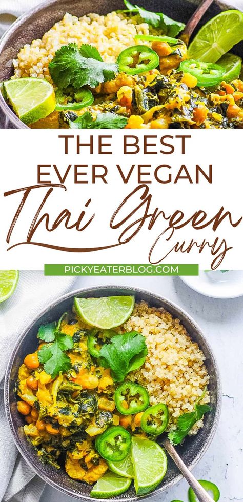 Vegan Green Thai Curry Recipes, Cauliflower Green Curry, Green Chickpea Curry, Vegetarian Green Curry Recipes, Vegan Green Curry Recipes, Kale Curry Recipes, Green Curry Chickpeas, Green Curry Vegetarian, Vegetable Thai Green Curry