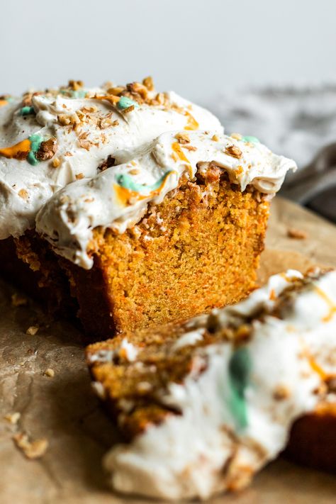 Gluten Free Vegan Carrot Cake, Vegan Carrot Cake Cheesecake, Vegan Carrot Loaf Cake, Gluten Free Nut Free Carrot Cake, Carrot Cake Loaf Recipe, Organic Carrot Cake, Dairy Free Cream Cheese Frosting, Banana Diaries, Abs Diet