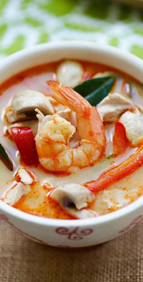 Thai Coconut Chicken and Shrimp Soup – the best soup you’ll ever make in your kitchen. This soup is to-die-for, better than Thai takeout! | rasamalaysia.com Chicken And Shrimp Soup, Shrimp Soup Recipes, Thai Coconut Chicken, The Best Soup, Best Soup, Lime Leaves, Shrimp Soup, Mapo Tofu, Rasa Malaysia