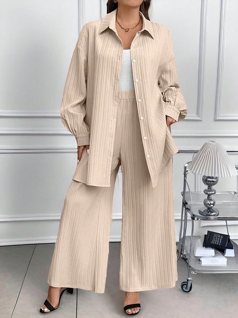 Plus Size Women Loose Solid Color Drop Shoulder Long Sleeve Long Shirt And Wide Leg Pants Casual 2 Pieces Set Spring Fall Travel Outfit Airport Apricot Casual    Plain  Slight Stretch  Women Plus Clothing, size features are:Bust: ,Length: ,Sleeve Length: Fall Travel Outfit, Fall Pants, Pants Casual, Inspiration Mode, Long Shirt, Fall Shirts, Womens Maxi Dresses, Travel Outfit, Primavera Estate