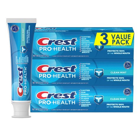 Crest Pro-Health Clean Mint Toothpaste (4.3oz) Triple Pack Best Toothpaste, Flavored Toothpaste, Tooth Cavity, Mint Toothpaste, Healthy Teeth And Gums, Purple Shampoo And Conditioner, Stronger Teeth, Whitening Toothpaste, Sensitive Teeth