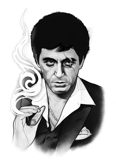 Tony Montana Tattoo Stencil, Scarface Drawing, Scarface Tattoo Design, Movie Character Tattoos, Scarface Tattoo, Gangster Drawings Easy, Pop Culture Tattoos, Cartoon Tattoo Ideas, Animated Shows