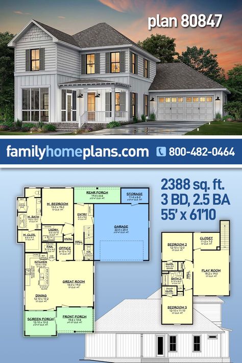 Farmhouse Style House Plan 80847 with 2388 Sq Ft, 3 Bed, 3 Bath, 2 Car Garage Small Floor Plans 2 Story, 3 Bedroom 2.5 Bath Floor Plans 2 Story, 2000 Sq Ft House Plans 2 Story, 3 Bedroom Home Floor Plans 2 Story, Ranch House Blueprints, Farmhouse Blueprints, Micro Living, Future Farmhouse, Log Cabin Living