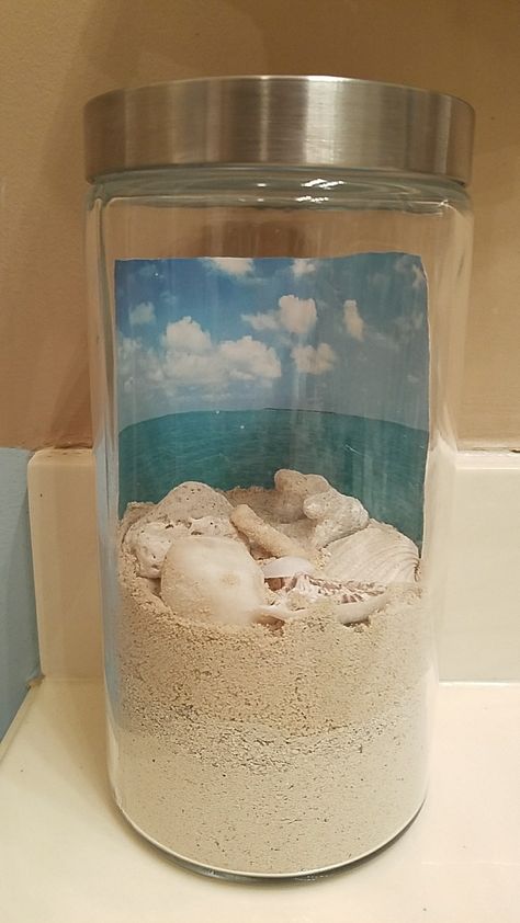 Beach in a jar. Collection of sand and seashells from our favorite beaches. Glass jar from Crate & Barrel Sand And Seashells In Jar, Beach Sand And Shells Keepsake, Beach Souvenir Ideas, Sand And Shells In A Jar Ideas, Beach Sand Keepsake, Beach In A Jar, Collection Display Ideas, Sand Decor, Beach Keepsakes