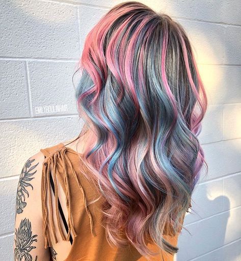 Pink And Blue Balayage, Pink And Blue Highlights In Brown Hair, Pink And Blue Hair Streaks, Dusty Rose Hair Color, Pink And Blue Highlights, Denim Blue Hair, Dusty Rose Hair, Rose Hair Color, Pink Hair Highlights