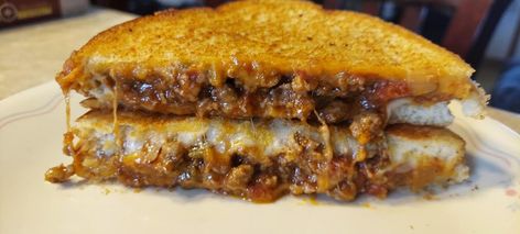 Sloppy joe grilled cheese #cheese #beef #justapinchrecipes Sloppy Joe Grilled Cheese, Oven Burgers, Football Food Appetizers, Grilled Cheese Sloppy Joe, Onion Grilled Cheese, Stuffed French Toast Cream Cheese, Nachos Recipe Easy, Creamy Cucumber Salad, Bread Cheese