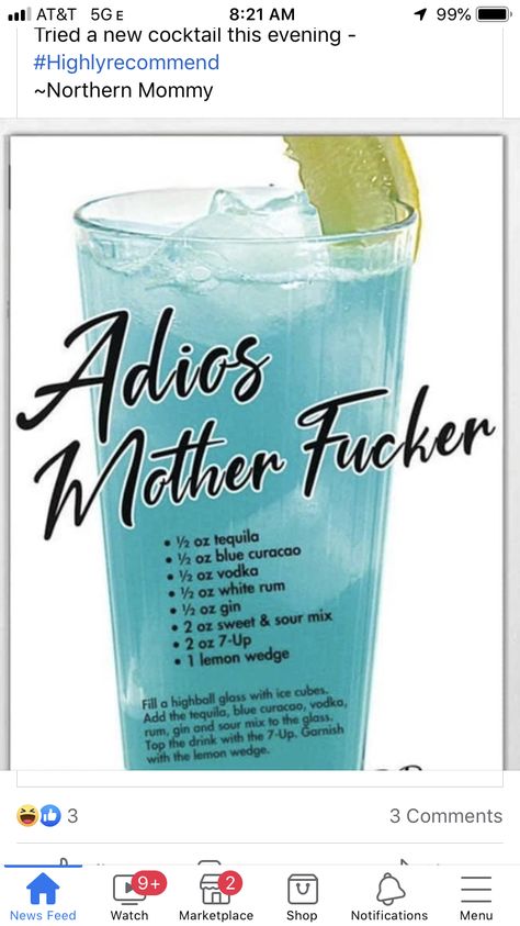 Alcohol Beverages, Sour Mix, Blue Curacao, Lemon Wedge, White Rum, Highball Glass, Drink Recipe, Bye Bye, Tequila