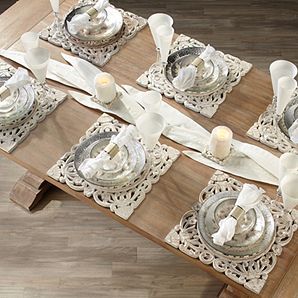 ZGallerie Wooden Placemat. With Indonesian flair, this design recalls exotic meals in faraway places. Hand-carved mango wood. Available in Natural and White. $119.80 set of 4 Wooden Placemats, White Kitchen Decor, Affordable Modern Furniture, Z Gallerie, Summer Tables, Chic Interior, Table Arrangements, Affordable Home Decor, Chic Home Decor